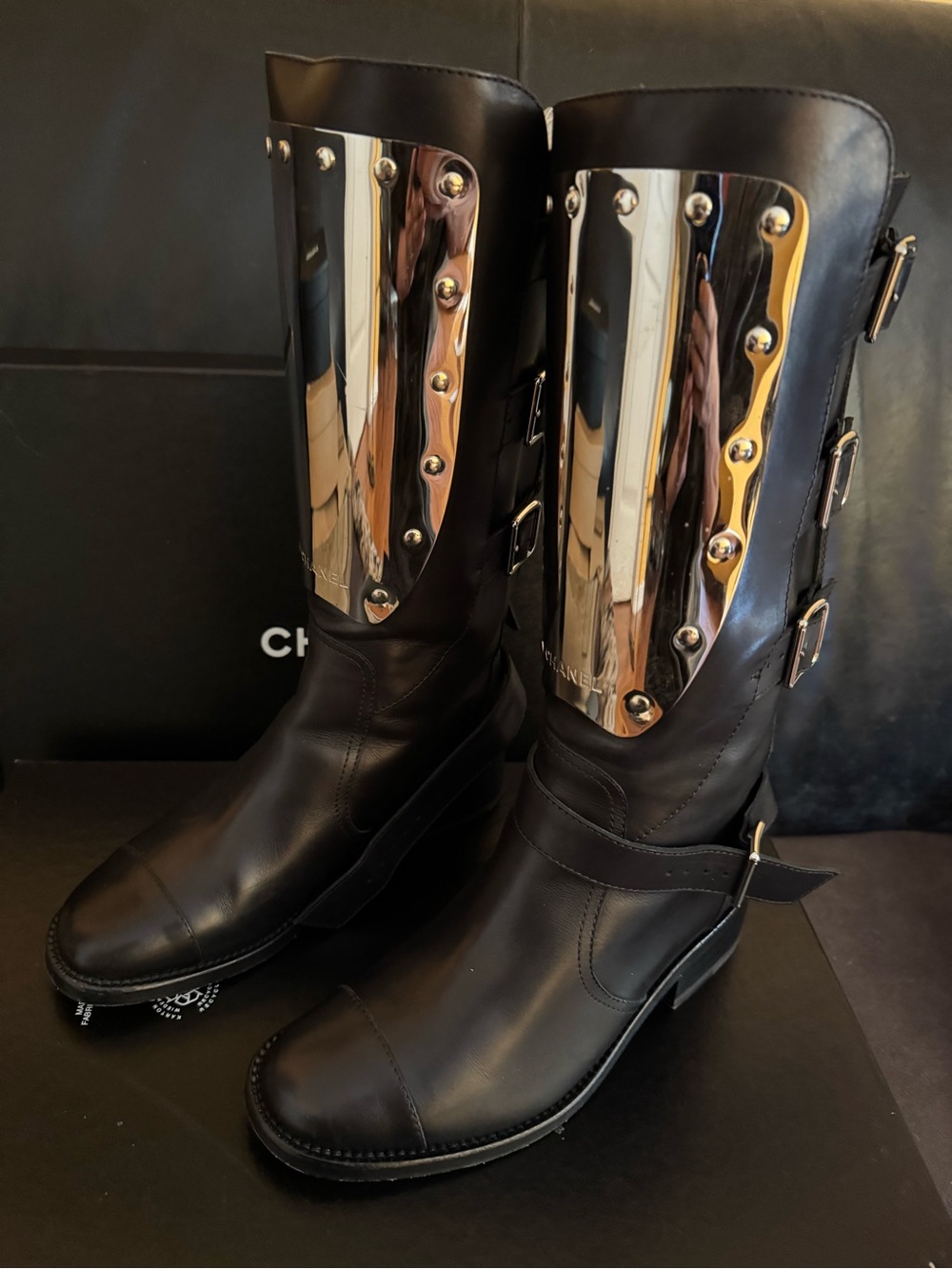 CHANEL Black Leather Knee-High Combat Boots with Silver Plate - Picture 3 of 16